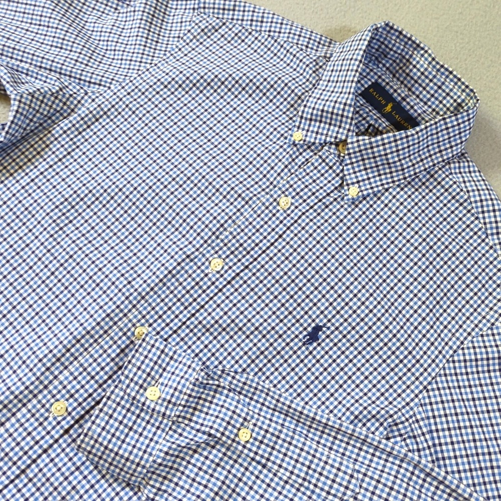 Polo Ralph Lauren Mens Blue Gingham Check Button Down Shirt Medium Long Sleeve